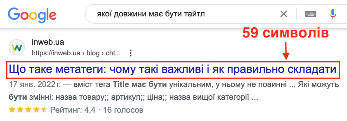 Кількість символів у заголовку на сторінці результатів пошуку