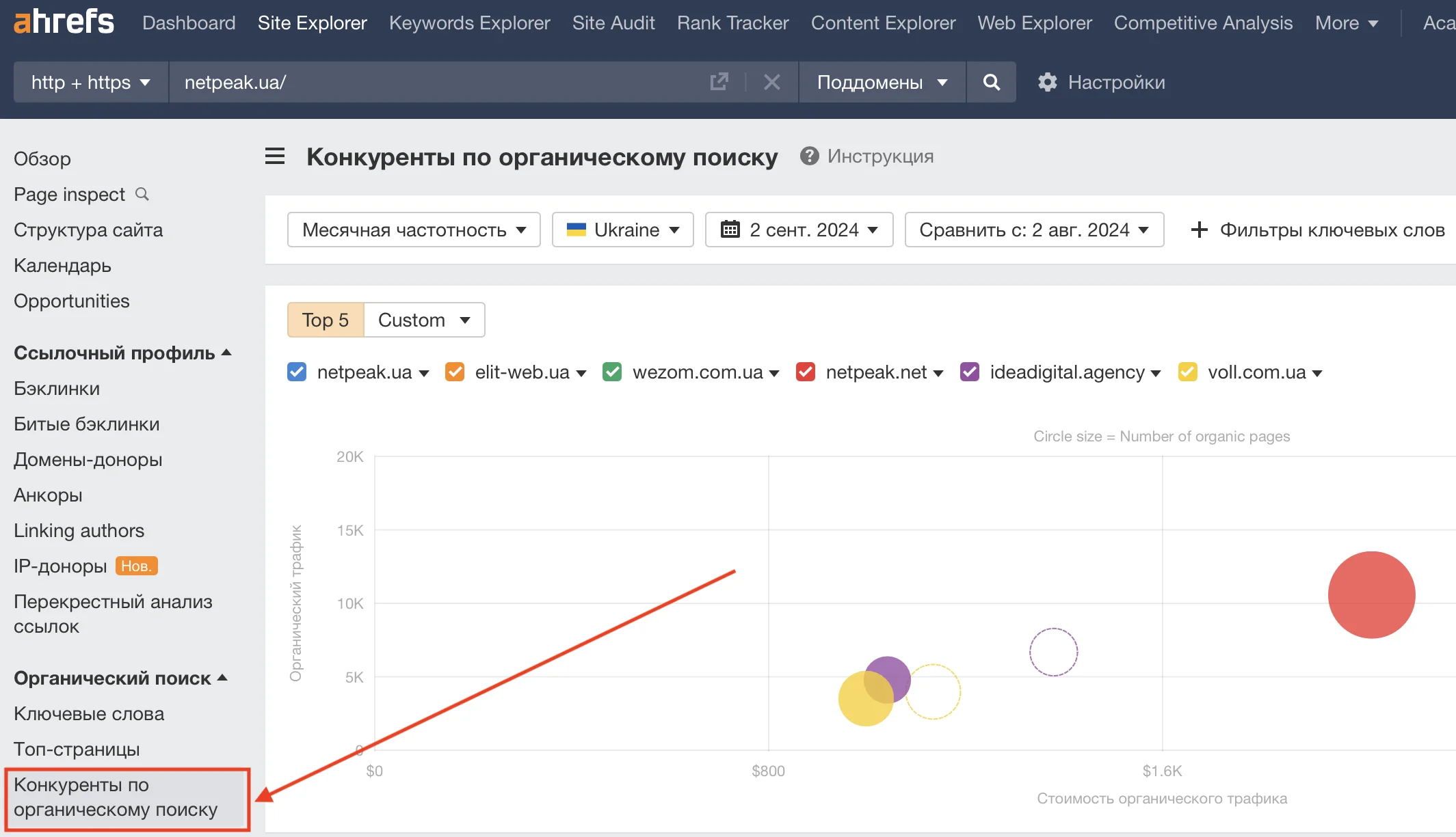 Где смотреть конкурентов по органическому поиску в Ahrefs