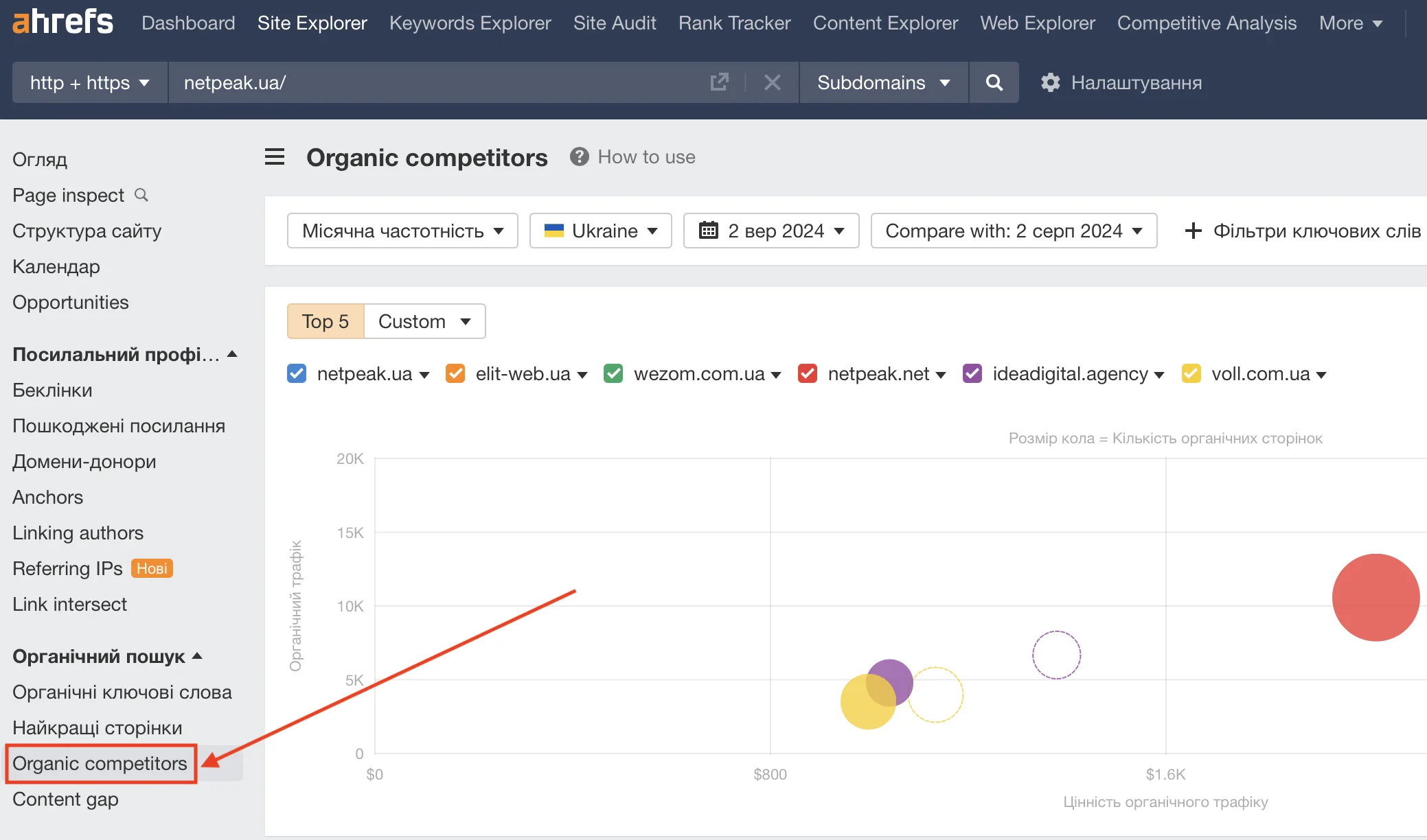 Де дивитися конкурентів за органічним пошуком в Ahrefs
