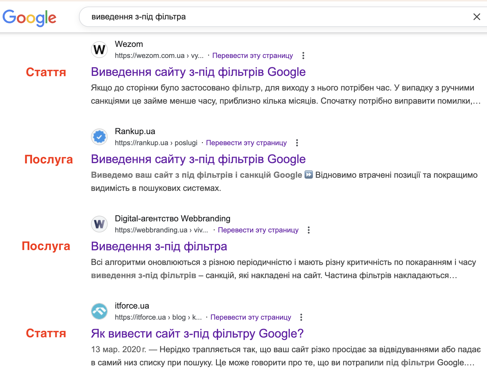 Результати пошуку зі змішаною видачею